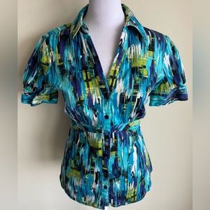 FRED DAVID STRETCH BUTTON FRONT SHORT SLEEVE BLOUSE, TEAL BLUE/GREEN SZ S